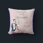 Vintage Wedding Couple With Pink Rose Personalised Cushion<br><div class="desc">A retro vintage style pillow with personalised wedding details. An elegant illustration set on a pink background with faded pink roses. A fancy wedding couple illustration in a loving embrace painted with watercolors. Chic and classy with a shabby old fashioned flair. The right and left side of the pillow has...</div>