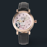 Vintage Wedding Couple With Pink Rose Personalised Watch<br><div class="desc">A retro vintage style wedding commemorative watch. Personalise with name(s) and date. An elegant illustration set on a pink background with faded pink roses. A fancy wedding couple illustration in a loving embrace painted with watercolors. Chic and classy with a shabby old fashioned flair. Clock numbers are an art deco...</div>