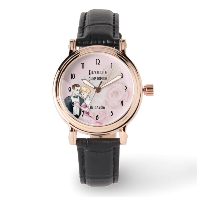 Vintage Wedding Couple With Pink Rose Personalised Watch (Front)