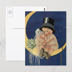 Vintage Wedding, Cute Bride and Groom on a Moon Postcard