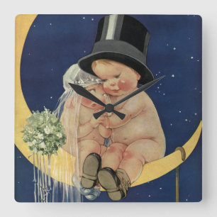Vintage Wedding, Cute Bride and Groom on a Moon Square Wall Clock