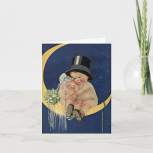 Vintage Wedding, Cute Bride and Groom on a Moon Thank You Card
