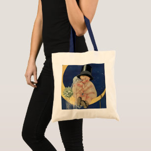 Vintage Wedding, Cute Bride and Groom on a Moon Tote Bag