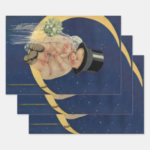 Vintage Wedding, Cute Bride and Groom on a Moon Wrapping Paper Sheet