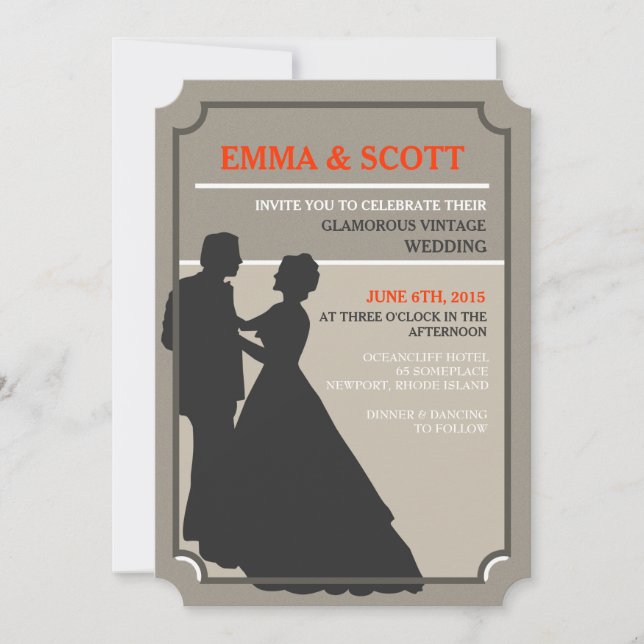 Vintage wedding dancing couple silhouette invites (Front)