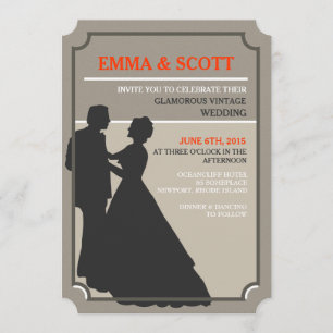 Vintage wedding dancing couple silhouette invites