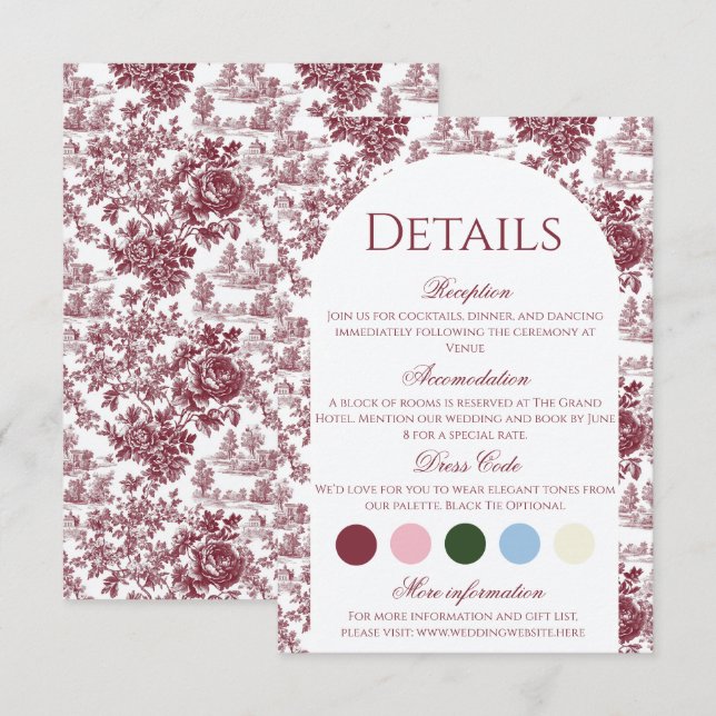 Vintage Wedding Details | Burgundy Toile Enclosure Card (Front/Back)