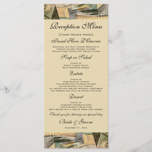 Vintage Wedding, Earth Tones Colours, Cubism Art Menu (Front)