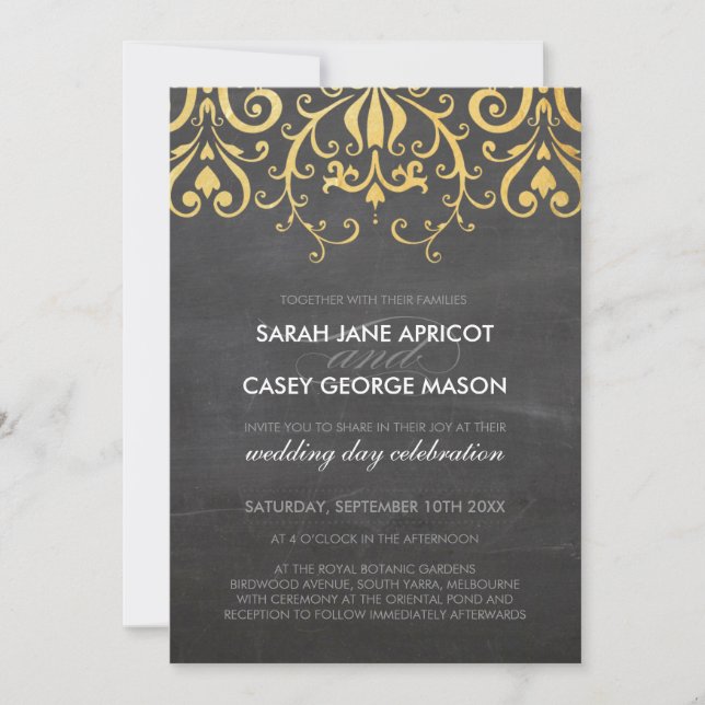 VINTAGE WEDDING INVITE filigree gold on chalkboard (Front)