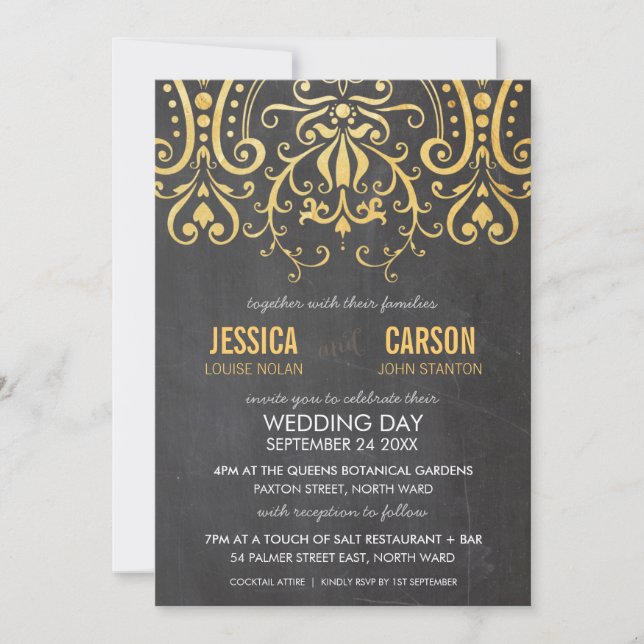 VINTAGE WEDDING INVITE gold foil filigree damask (Front)