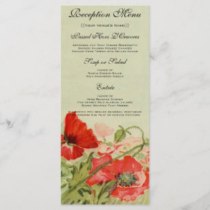 Vintage Wedding Menu Card, Red Poppy Flower Floral