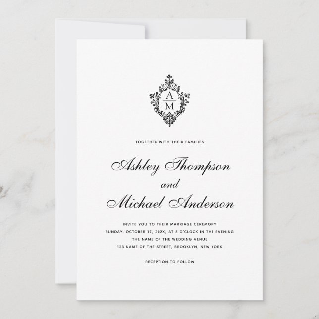 Vintage Wedding Monogram Crest Black White Script Invitation (Front)