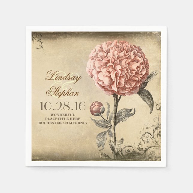 vintage wedding napkins with pink peony blossom (Front)
