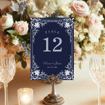Vintage Wedding Navy Blue Victorian Elegant Ornate Table Number<br><div class="desc">This navy and silver elegant wedding table number, with a vintage air, has a vintage frame with baroque faux silver decorations on a navy blue background. The names are written in an elegant calligraphic script. All text can be personalised and has a silvery grey colour similar to the decorations of...</div>
