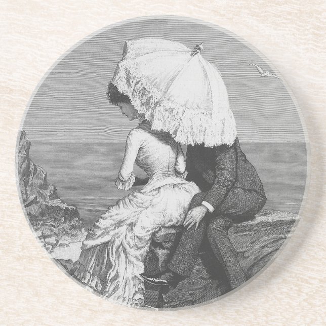 Vintage Wedding, Newlyweds by the Beach Coaster (Front)