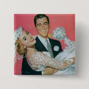Vintage Wedding Newlyweds, Groom Carrying Bride 15 Cm Square Badge