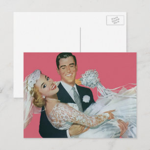 Vintage Wedding Newlyweds, Groom Carrying Bride Announcement Postcard