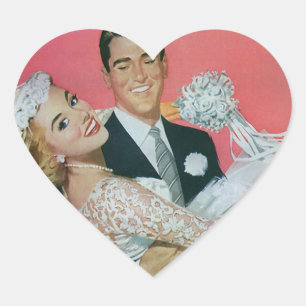 Vintage Wedding Newlyweds, Groom Carrying Bride Heart Sticker