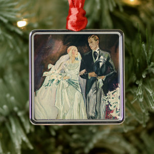 Vintage Wedding Newlyweds, Happy Bride and Goom Metal Ornament