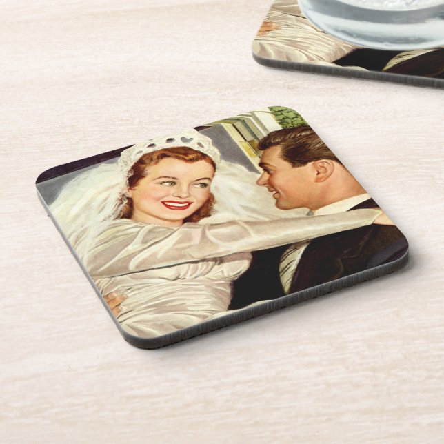 Vintage Wedding Newlyweds, Happy Bride and Groom Coaster (Left Side)
