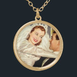 Vintage Wedding Newlyweds, Happy Bride and Groom Gold Plated Necklace<br><div class="desc">Vintage illustration love and romance image with the groom carrying his new bride over the threshold after their marriage ceremony. The handsome man is wearing his tuxedo and the beautiful woman is wearing a traditional white wedding gown and veil. The happy newlyweds ready for their honeymoon and a life of...</div>