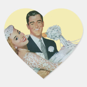 Vintage Wedding Newlyweds, Happy Bride and Groom Heart Sticker
