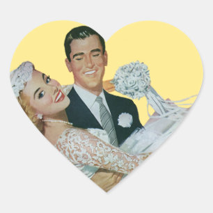 Vintage Wedding Newlyweds, Happy Bride and Groom Heart Sticker