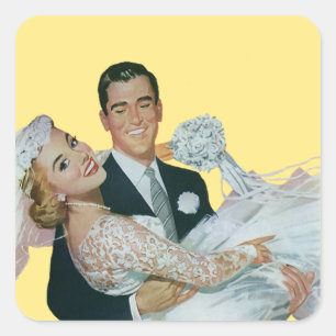 Vintage Wedding Newlyweds, Happy Bride and Groom Square Sticker