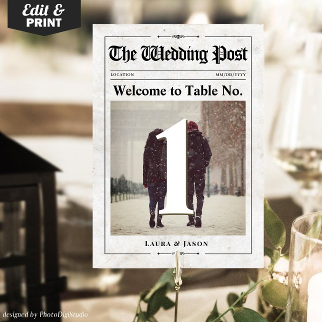 Vintage Wedding Newspaper Photo Table Number Card  (Vintage Wedding Newspaper Photo Table Number Card)