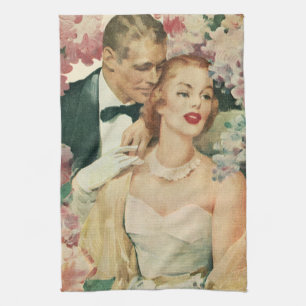 Vintage Wedding Portrait, Retro Bride and Groom Tea Towel