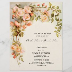 Vintage Wedding Program, Pink Rose Flowers Floral