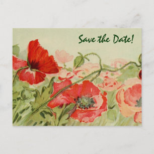 Vintage Wedding, Red Poppies Flowers Save the Date Announcement Postcard