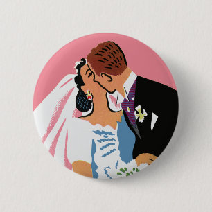 Vintage Wedding, Retro Bride and Groom Kissing 6 Cm Round Badge