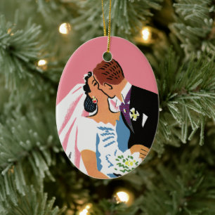 Vintage Wedding, Retro Bride and Groom Kissing Ceramic Ornament