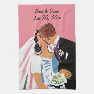 Vintage Wedding, Retro Bride and Groom Kissing Tea Towel