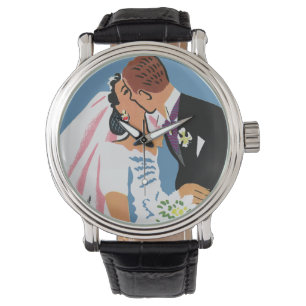 Vintage Wedding, Retro Bride and Groom Kissing Watch