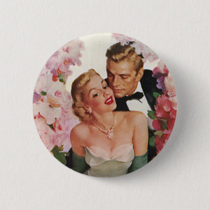 Vintage Wedding, Retro Bride and Groom Newlyweds 6 Cm Round Badge
