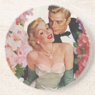 Vintage Wedding, Retro Bride and Groom Newlyweds Coaster