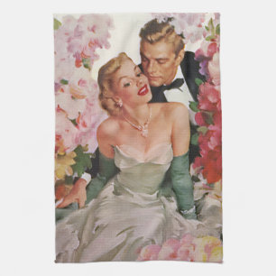 Vintage Wedding, Retro Bride and Groom Newlyweds Tea Towel