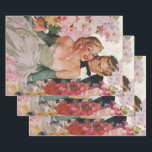 Vintage Wedding, Retro Bride and Groom Newlyweds Wrapping Paper Sheet<br><div class="desc">Vintage illustration love and romance design featuring a bride in her wedding gown and the groom in his tuxedo. The happy newlywed couple is surrounded by beautiful pink and white floral garden flowers.</div>