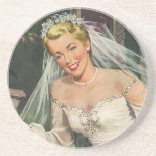 Vintage Wedding, Retro Bride with Flower Girl Coaster