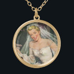 Vintage Wedding, Retro Bride with Flower Girl Gold Plated Necklace<br><div class="desc">Vintage illustration love and romance image featuring a flower girl with a happy,  smiling bride in her beautiful dress with ornate bows on her wedding day. It's time to go get married!</div>