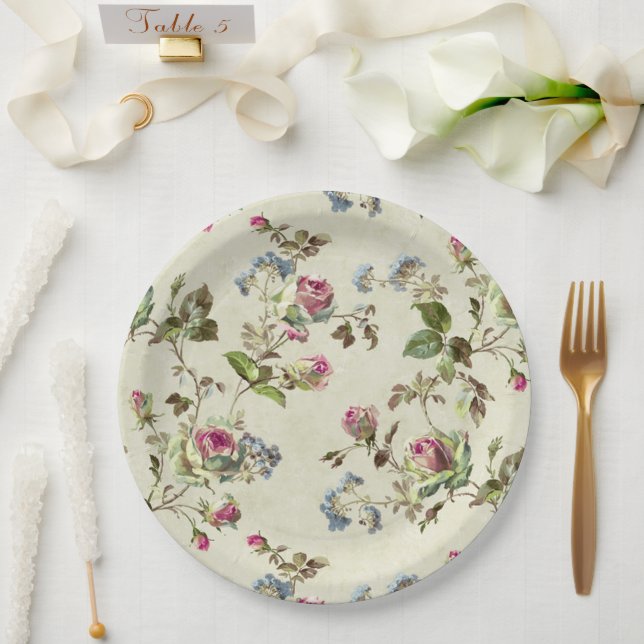 Vintage wedding rose garden floral  paper plate (Wedding)
