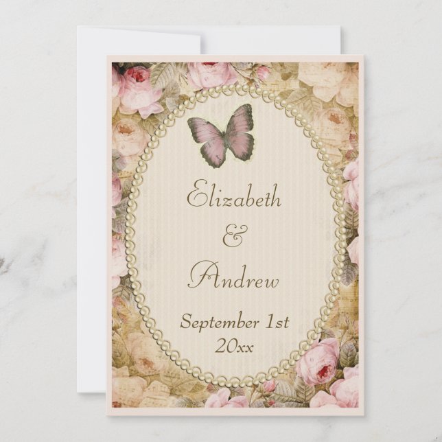 Vintage Wedding Roses Butterfly, Music Notes Invitation (Front)