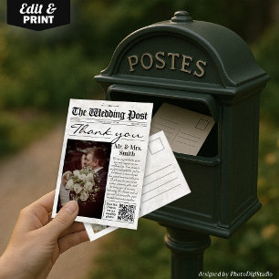 Vintage Wedding Thank You Card, Wedding Newspaper