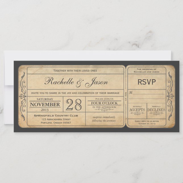 Vintage Wedding Ticket  Invitation with RSVP (Front)