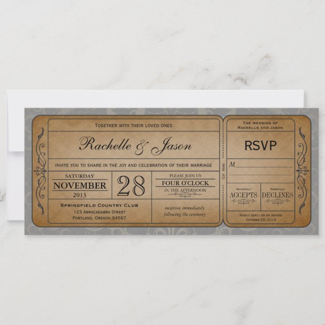 Vintage Wedding Ticket  Invitation with RSVP (Front)