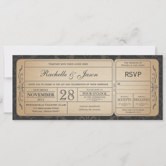 Vintage Wedding Ticket  Invitation with RSVP 3.1 (Front)