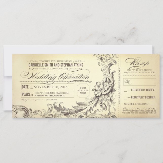 vintage wedding tickets - sophisticated flourishes invitation (Front)
