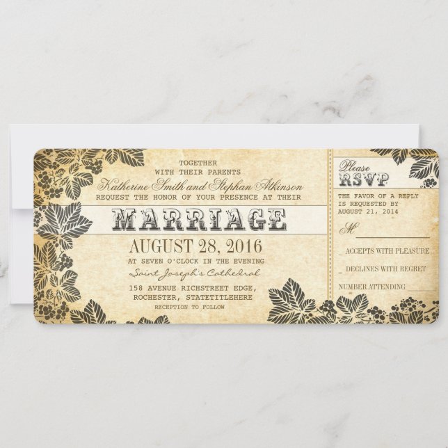 vintage wedding tickets with elegant flourishes invitation (Front)